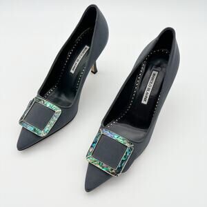 Manolo Blahnik Maysale Slate Blue Grey Enamel Buckle Pointed Toe Pumps 37.5